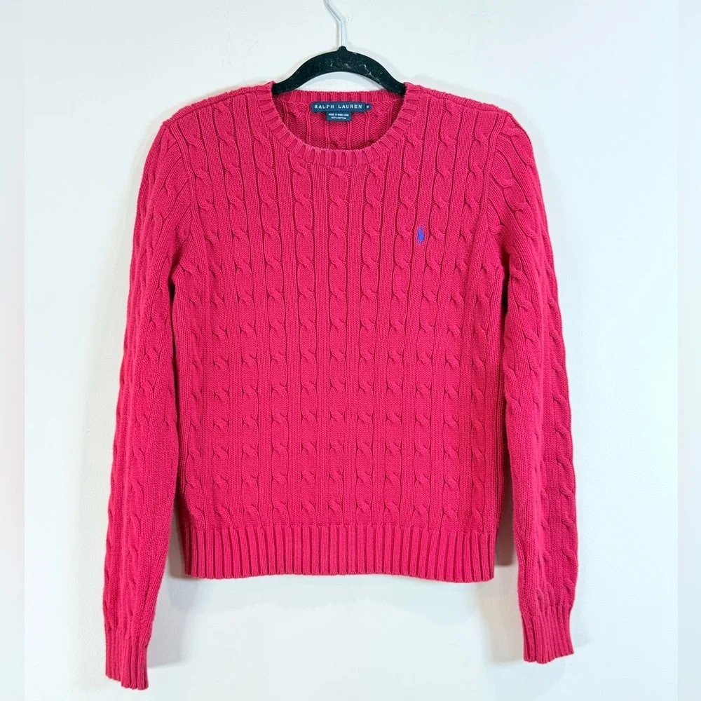 🔥Ralph Lauren Pink Cable Knit Crewneck Sweater Women’s Size M EC🔥